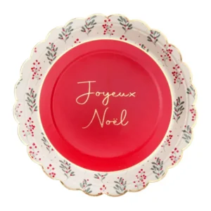 Assiettes en carton festonnées houx de Noël pour fête rouges et blanches Joyeux Noël