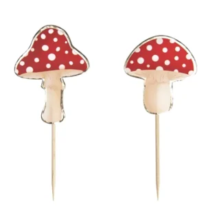 Pics à cocktail champignon pour fête rouge et blanc en bois