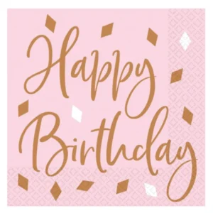 Serviettes en papier Happy Birthday pour fête rose avec confettis rose gold