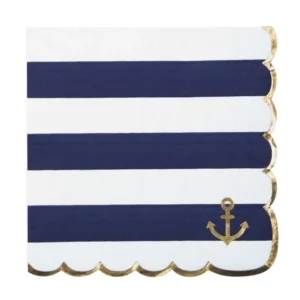 Serviettes festonnées en papier marinière bleu marine et blanc à bords dorés avec ancre