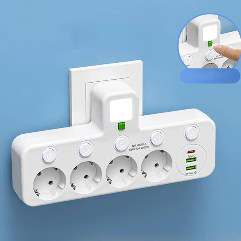 Wandmontierter Stromverteiler mit 4 Steckdosen, USB-Anschlüssen und Nachtlicht