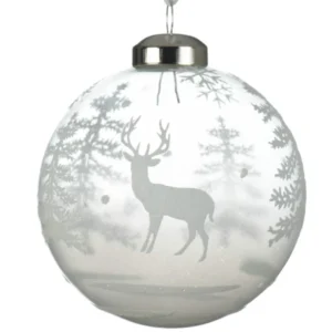 Boule en verre avec motifs enneigés pour sapin transparente et blanche