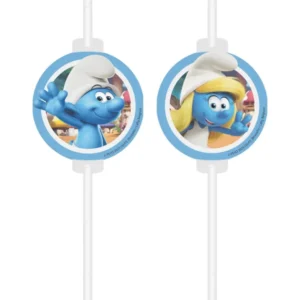 Pailles avec médaillon papier Schtroumpf pour enfant bleu et blanc avec Schtroumpfette