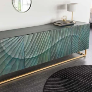 Massives Sideboard SCORPION 180cm tĂĽrkis Mangoholz gold Metall 3D Schnitzereien
