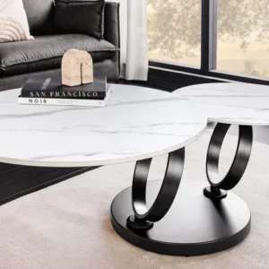 DANCING RINGS Design Couchtisch weiß rund drehbar Marmor Keramik schwarz Metall