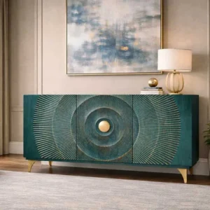 GOLDEN SUNSET Handgearbeitetes Sideboard 140cm türkis mit 3D Schnitzereien gold Mangoholz Metallbeine