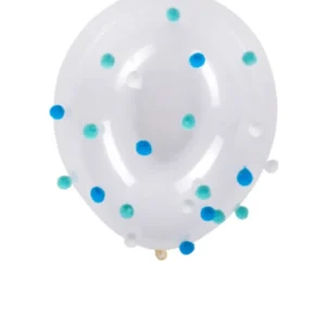 Ballon pompon pour anniversaire transparent bleu et blanc