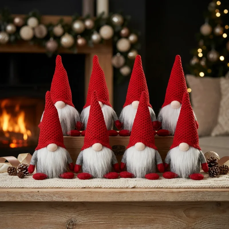 Weihnachtswichtel 8er Set sitzend 16 cm – Gerauer Wintergnom mit roter Strickmütze und langem Plüschbart