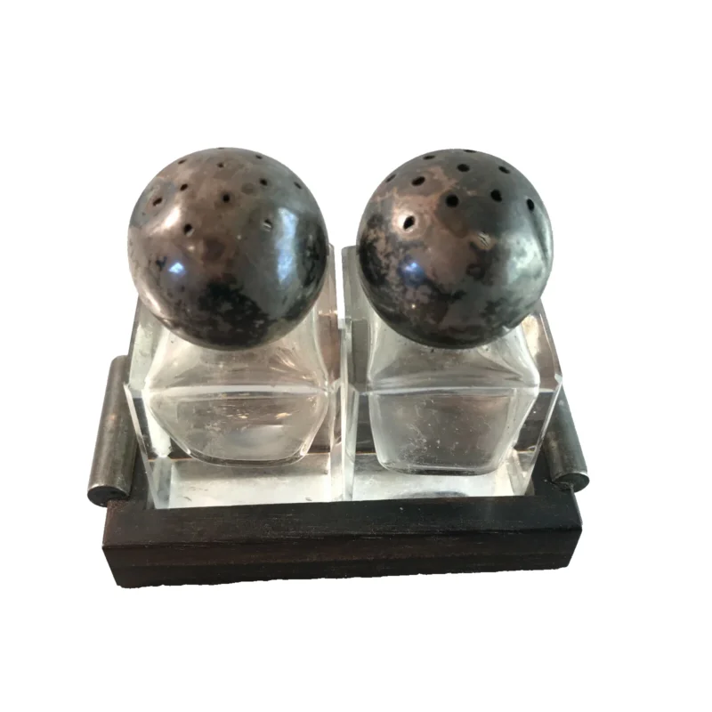 Art Déco Salt- und Pfefferstreuer Set Glas Metall Holz 20er 30er mini