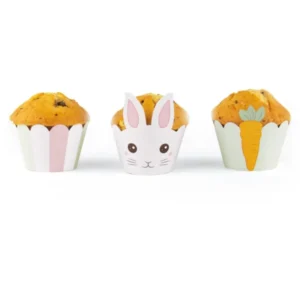 Habillages moules cupcake lapinou pour Pâques blancs avec motifs carotte