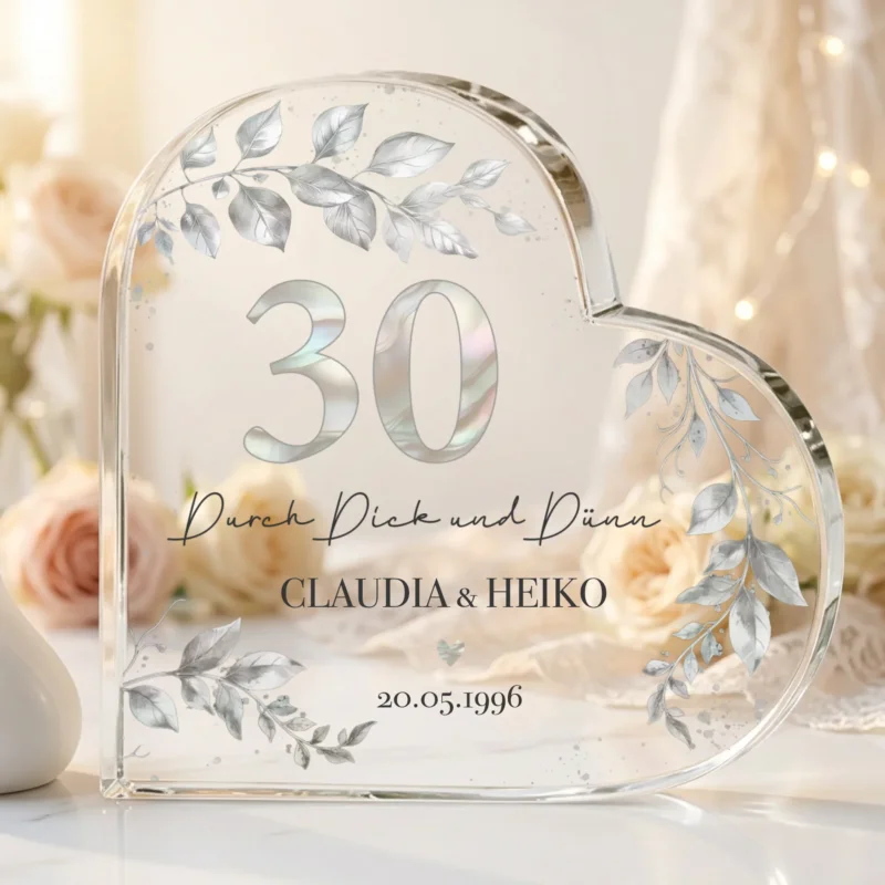 Personalisiertes Glasherz für Paare zum 30. Hochzeitstag Perlen Hochzeit