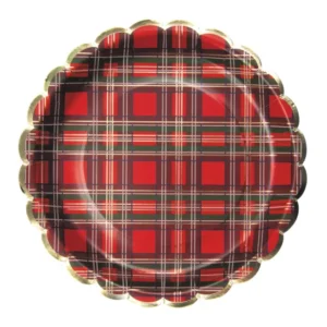 Assiettes festonnées en carton tartan de Noël pour table rouge et bordure dorée