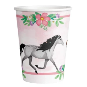 Gobelets en carton joli cheval pour anniversaire rose et blanc avec fleurs