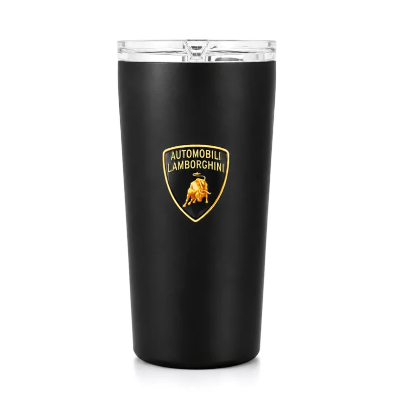 LAMBORGHINI Thermobecher aus Edelstahl mit Deckel, mattes Design, Schwarz