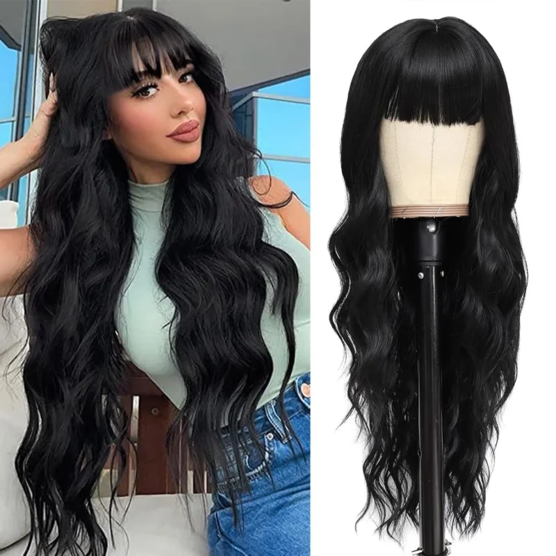 Schwarze 66cm lange gewellte Perücke mit Pony für Frauen