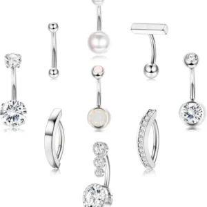 Bauchnabelpiercing Set 9stk Gold Chirurgenstahl CZ Opal Perle
