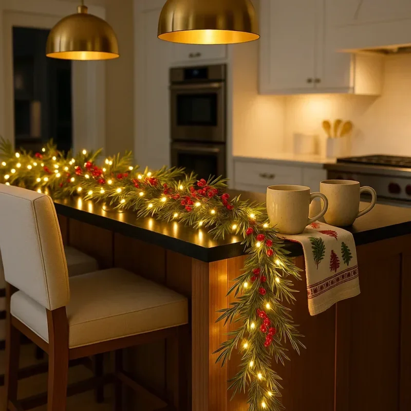 Beleuchtete Weihnachtsgirlande mit Beeren und Tannenzweigen