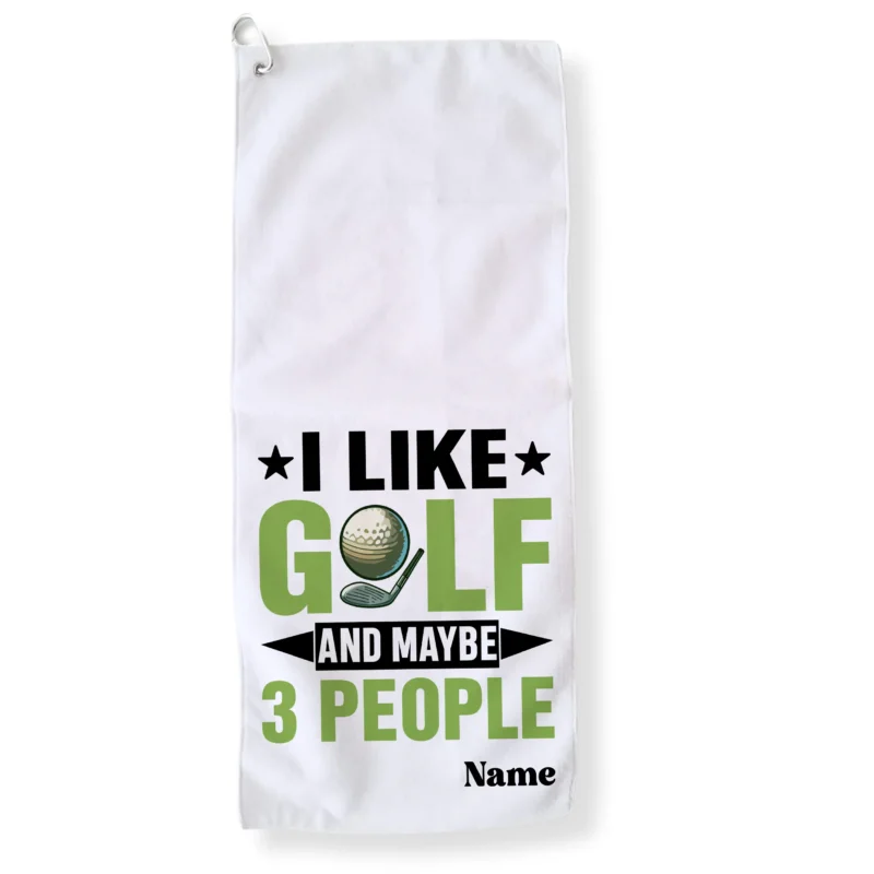 Golf-Handtuch in Weiß mit grünem und schwarzem Druck.