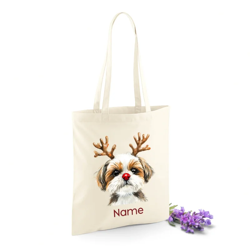 Beige Stofftasche mit Hundemotiv und personalisierbarem Namen.