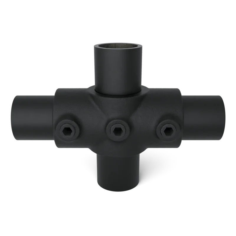 Rohrverbinder Kreuzstück in 1 Ebene - Schwarz für außen - 42,4 mm - Vorderansicht mit Rohren (Rohr-verbinder.de)