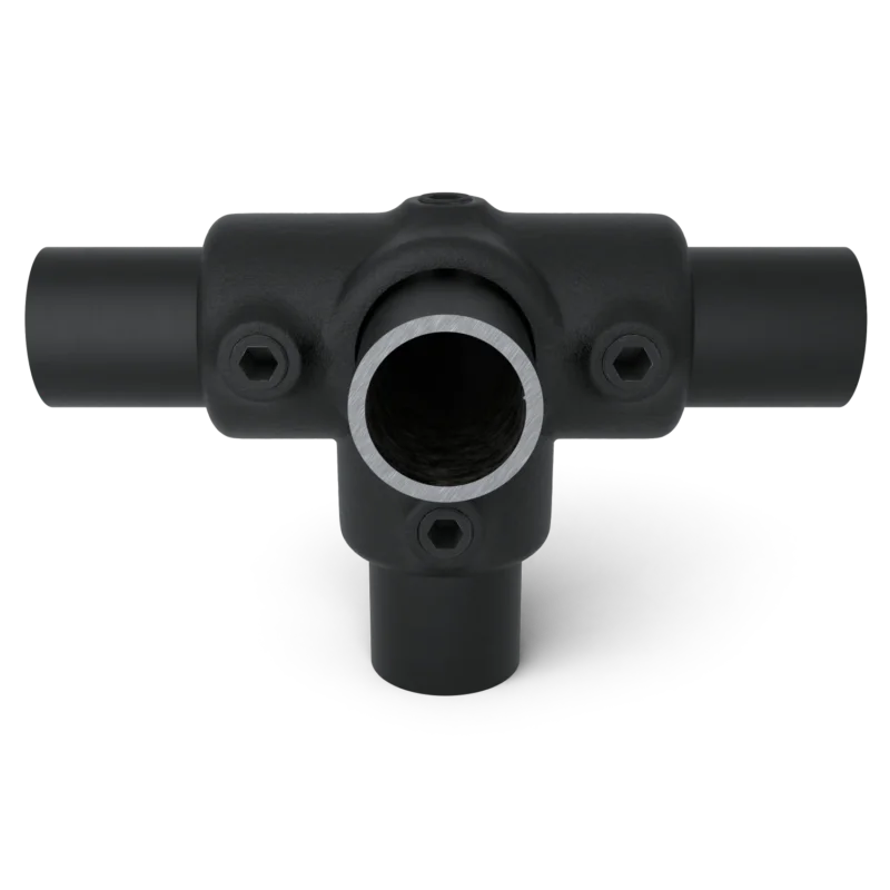 Rohrverbinder T-Stück für Stützrohr - Schwarz für außen - 33,7 mm - Vorderansicht mit Rohren (Rohr-verbinder.de)