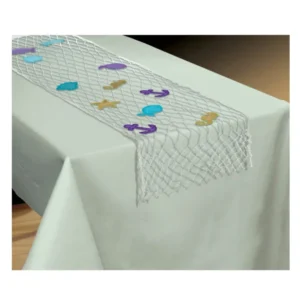 Chemin de table filet de pêche sirène blanc décoré de motifs marins colorés