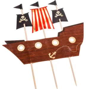 Décoration sur pic bateau pirate cake topper marron et rouge à têtes de mort