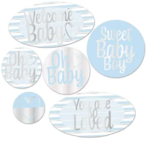 Décorations en carton Welcome Baby pour baby shower garçon bleues et argentées