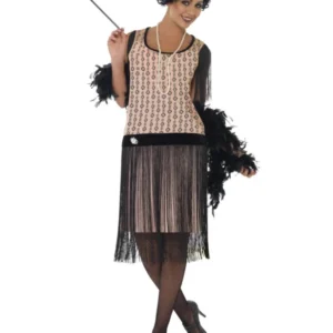 Déguisement années 20 charleston pour femme beige et noir à franges