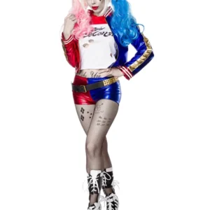 Déguisement arlequin fou sexy luxe pour femme rouge et bleu brillant