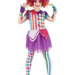 Déguisement arlequine colorée pour fille multicolore avec jupon violet et motifs losanges