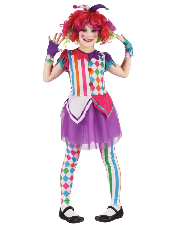 Déguisement arlequine colorée pour fille multicolore avec jupon violet et motifs losanges