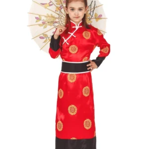 Déguisement de chinoise pour fille rouge avec motifs dorés et ombrelle