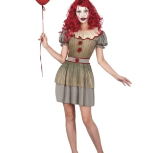 Déguisement clown psycho pour femme gris et beige avec ballon rouge