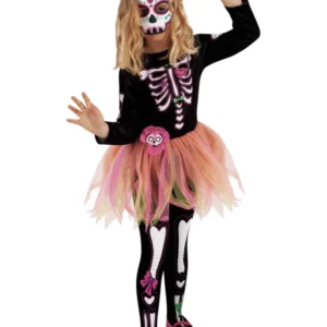 Déguisement Miss Dia de los Muertos pour fille noir et rose avec masque et collants