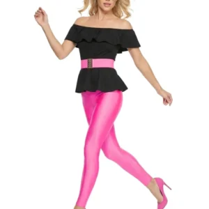 Déguisement rétro années 80 pour femme noir et rose fluo avec haut à volants et legging brillant