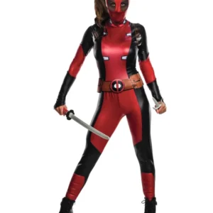 Déguisement sexy Lady Deadpool pour femme rouge et noir brillant avec masque
