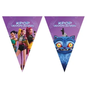Guirlande à fanions en papier K-pop Demon Hunters™ pour fête violette avec personnages et créature bleue
