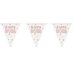 Guirlande fanions en plastique Happy Birthday blanche et rose à pois