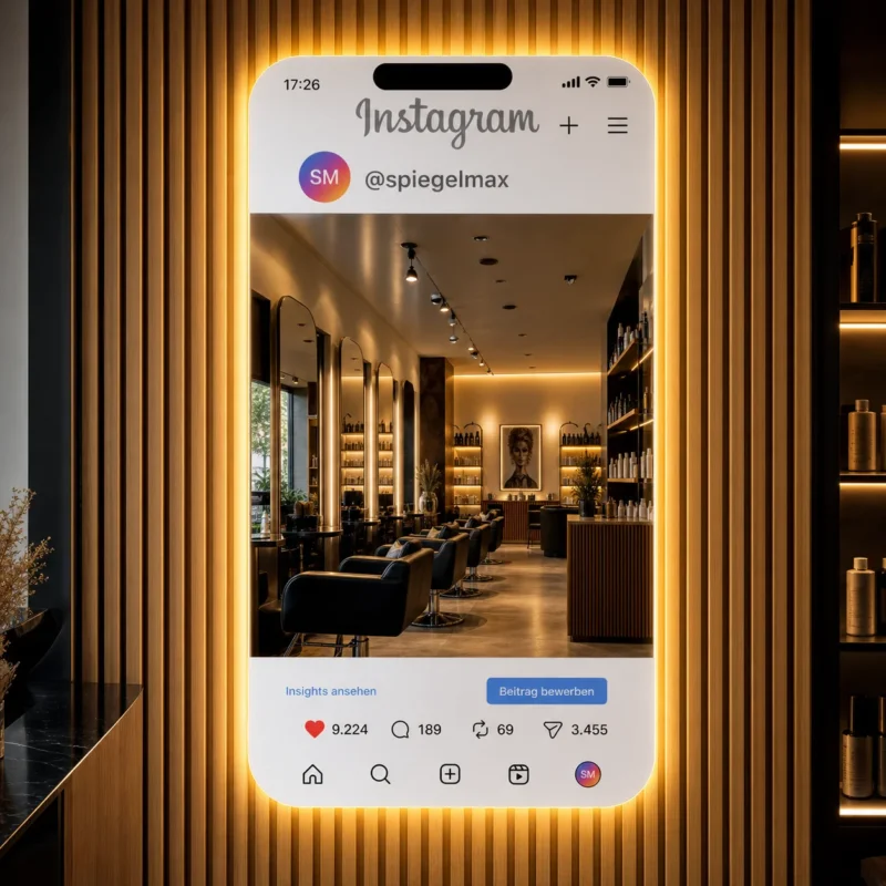 LED-Spiegel im Handyformat mit Instagram-Startbild, gerundete Ecken, Rahmen mit Licht