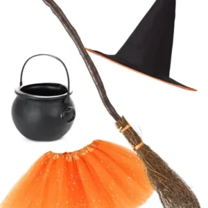 Kit accessoires sorcière pour fille orange et noir avec tutu, balai, chapeau et chaudron