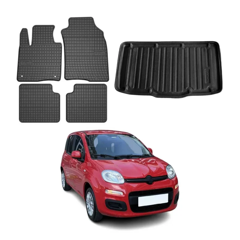 Fußmatten & Kofferraumwanne Set für Fiat Panda 2012-2026 5tür Gummi Schwarz 5x