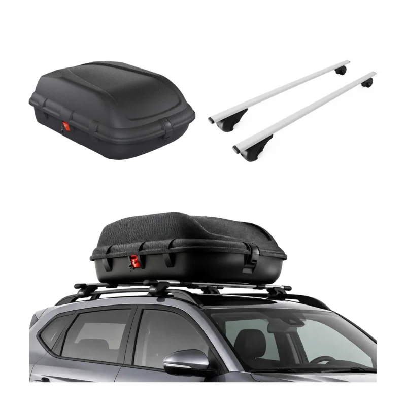 Carbonlook Dachbox 270L + Dachträger VW Polo mk5 Schrägheck 2009-2017 Silber