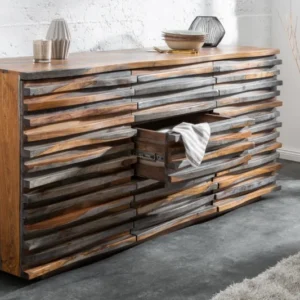 Sideboard RELIEF Massives 160cm Sheesham Holz grau smoke finish mit aufwändiger Front