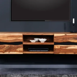 AMAZONAS Hängendes TV-Lowboard 160cm braun Sheesham Massivholz Baumkante Metall schwarz