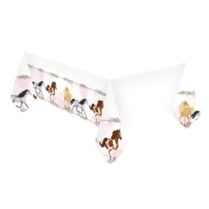 Nappe en plastique joli cheval pour anniversaire blanche et rose avec motifs de fleurs