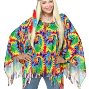 Poncho et tour de tête hippie psychédélique pour adulte multicolore à franges