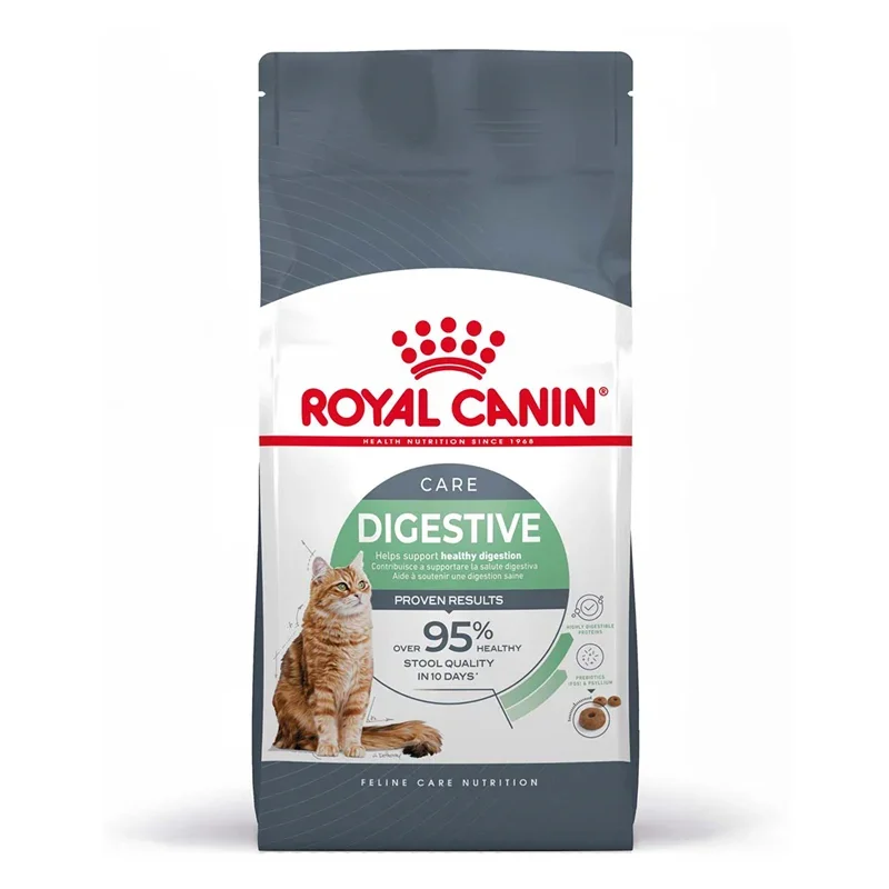 Royal Canin Digestive Care cat dry food bag with orange tabby illustration and digestive health claims