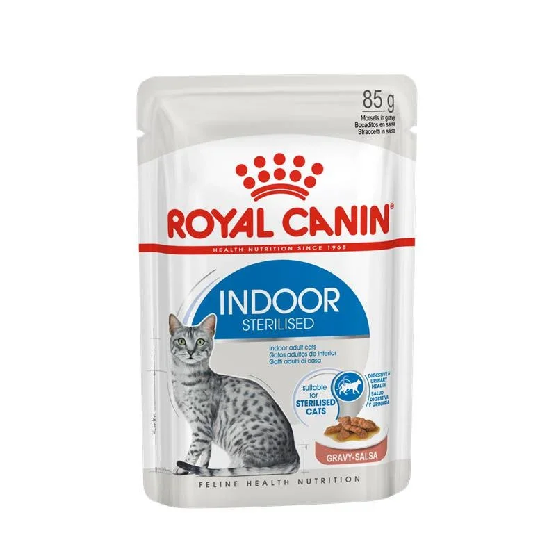 Royal Canin Indoor Sterilised wet cat food pouch, 85g morsels in gravy for digestive and urinary health