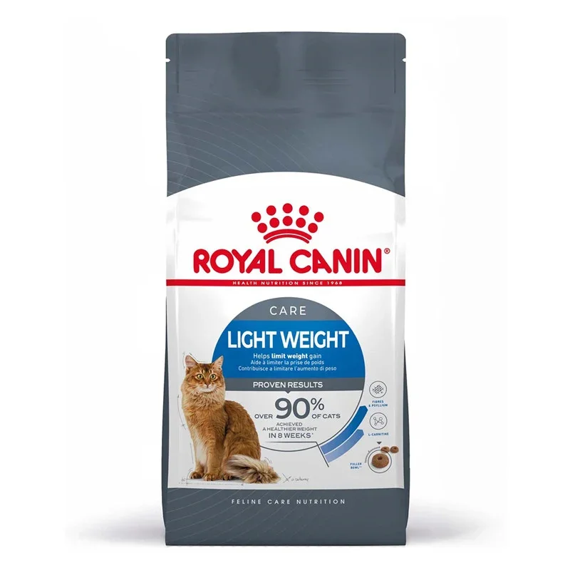 Royal Canin Light Weight Care dry cat food bag with ginger tabby, helps limit weight gain